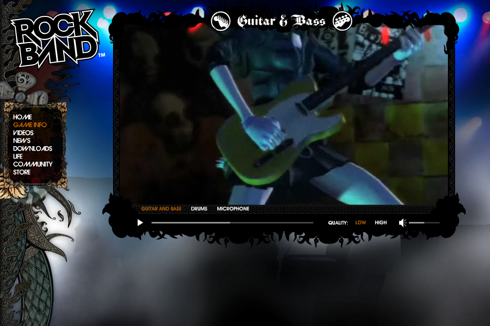 A virtual guitarist plays an electric guitar on a stage in the Rock Band video game interface.