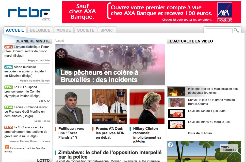 A news website homepage featuring headlines, images, and videos about protests in Brussels, politics, and international events.