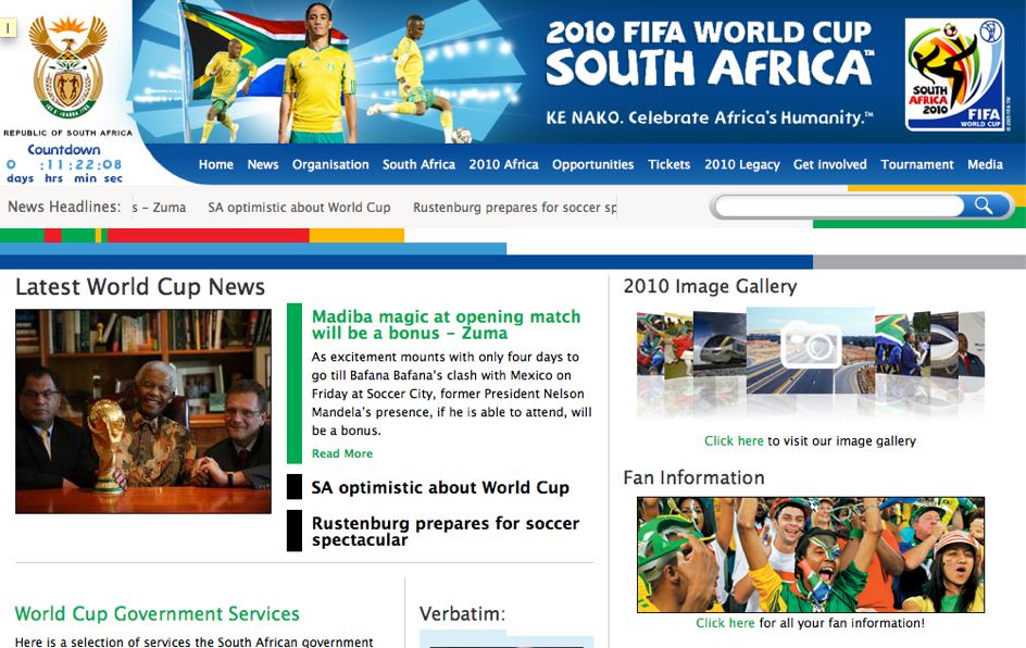 Screenshot of a 2010 FIFA World Cup South Africa webpage featuring news, countdown, images, and fan information.