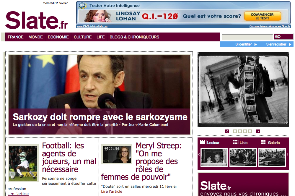 A news website homepage featuring a main article about Sarkozy, football agents, and an interview with Meryl Streep.