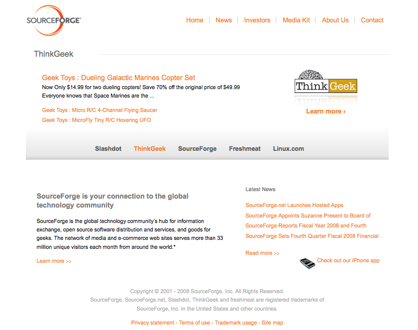 A webpage from SourceForge featuring ThinkGeek products, technology news, and links to open-source software and e-commerce services.