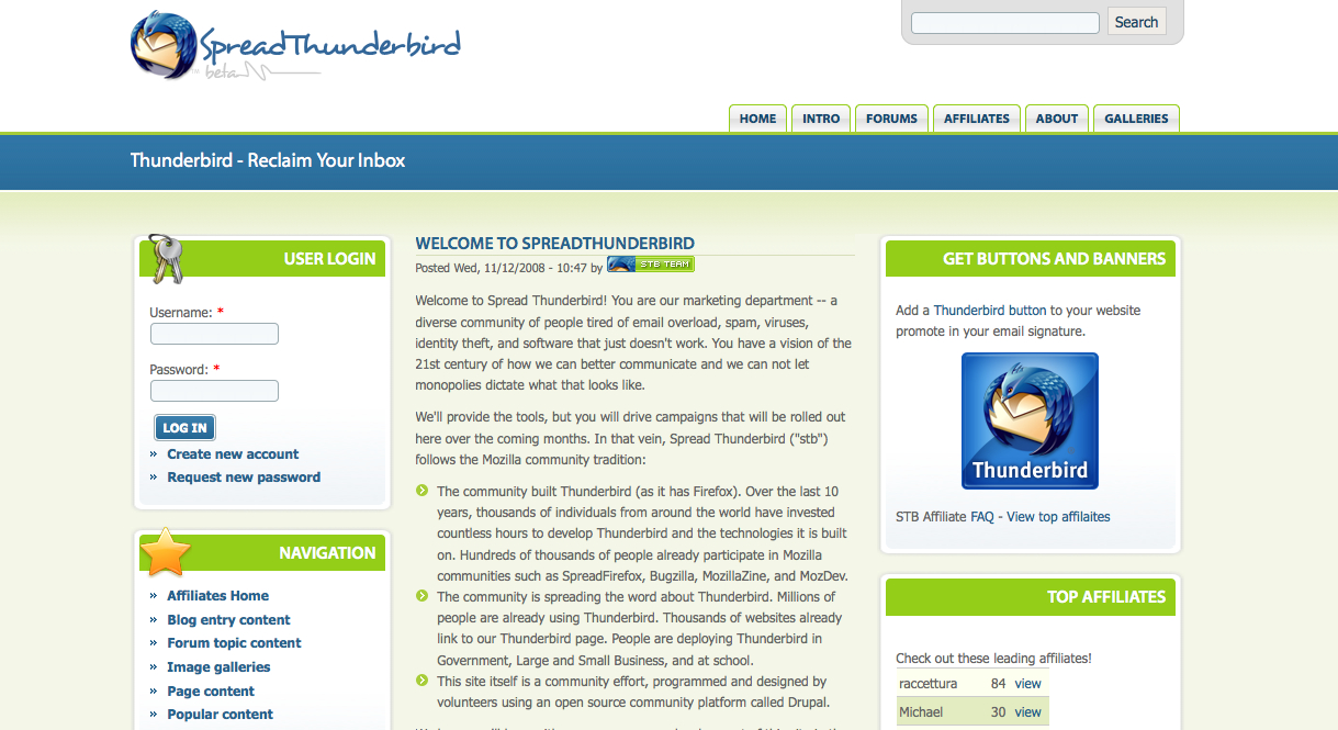 A webpage promoting the Spread Thunderbird campaign, featuring login fields, navigation links, and a Thunderbird button for affiliates.