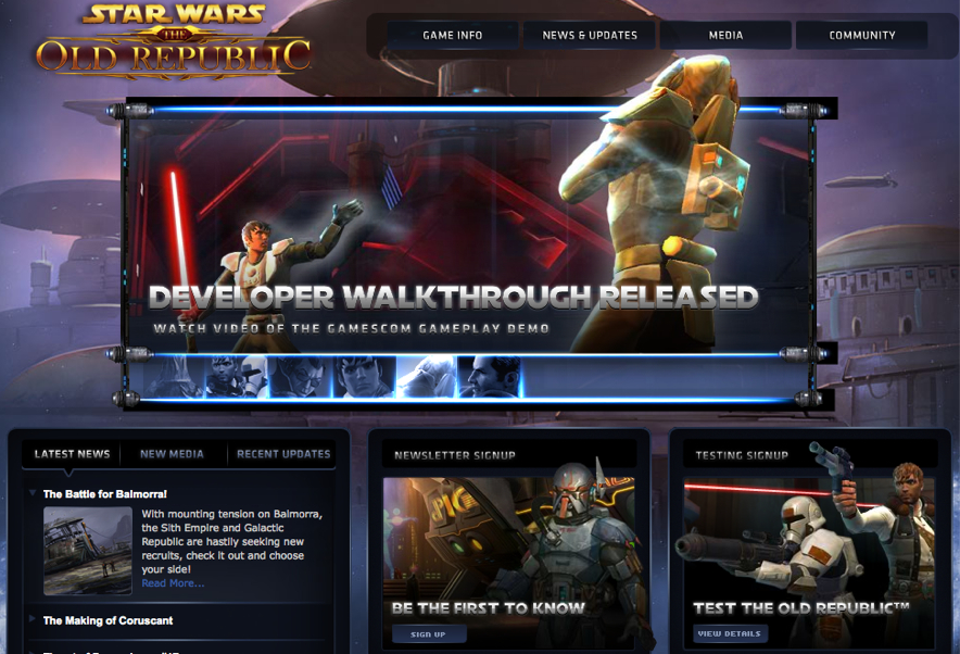 Homepage of "Star Wars: The Old Republic" featuring a developer walkthrough announcement, news updates, and signup options for testing.