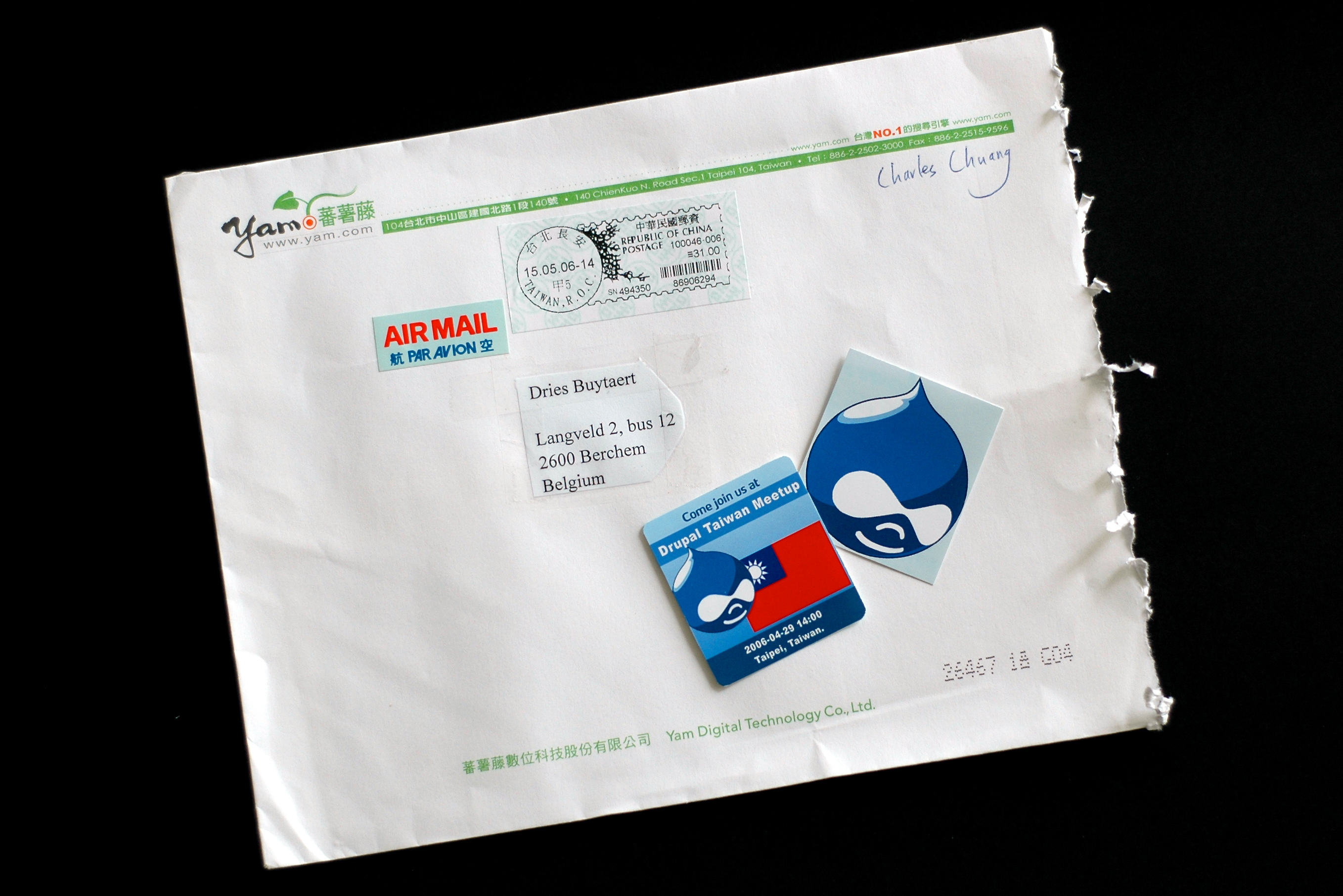 An envelope from Taiwan with two Drupal stickers, including one for a Drupal Taiwan Meetup event.