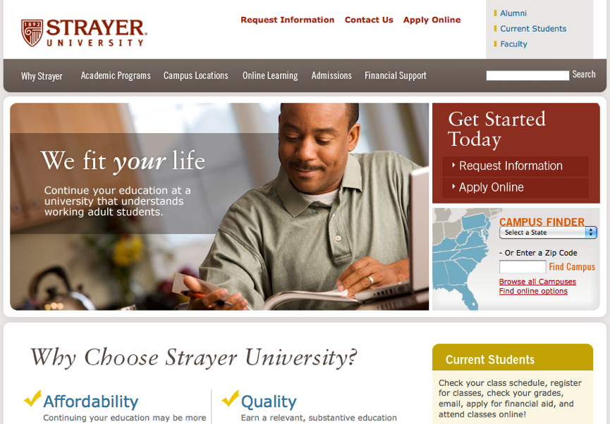 A man studies on a laptop, promoting Strayer University's flexible education for working adults.