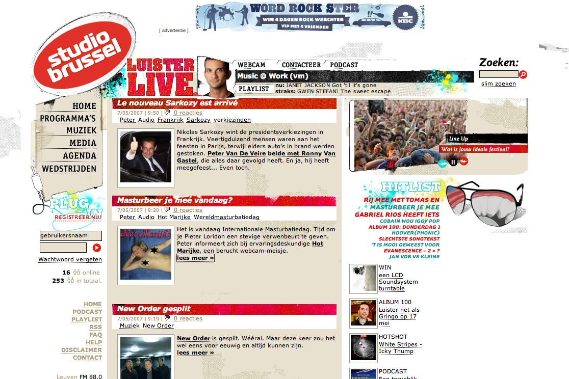A screenshot of the Studio Brussel website featuring news articles, a playlist, and a promotional banner for a festival.