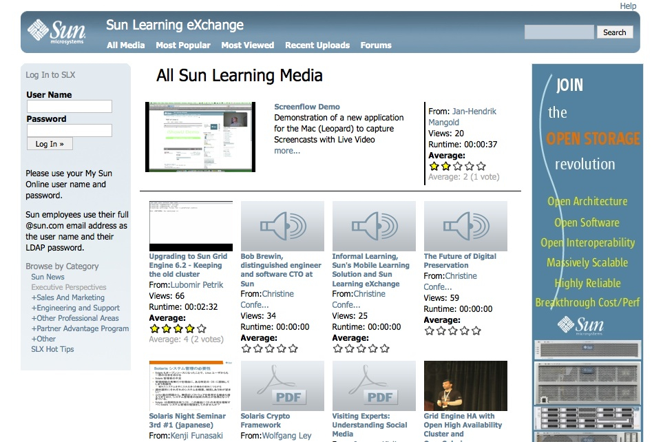 A webpage from Sun Learning Exchange displays media content, including videos and documents, related to technology and learning.
