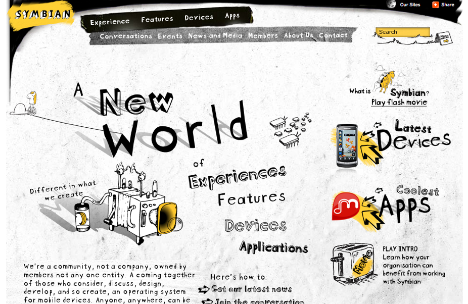 A stylized webpage promoting Symbian, featuring text about experiences, devices, and apps with hand-drawn illustrations and navigation links.
