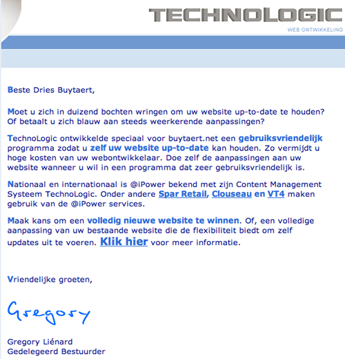An email with the "Technologic" logo promoting a website management tool, featuring a clickable link for more information.