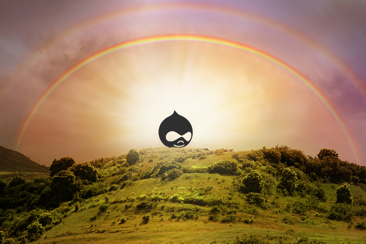 A Drupal logo appears in the sky above a green hill, with sunlight and a double rainbow behind it.