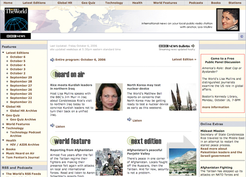 Screenshot of "The World" news website, featuring international news stories, images, and links to listen to radio segments.