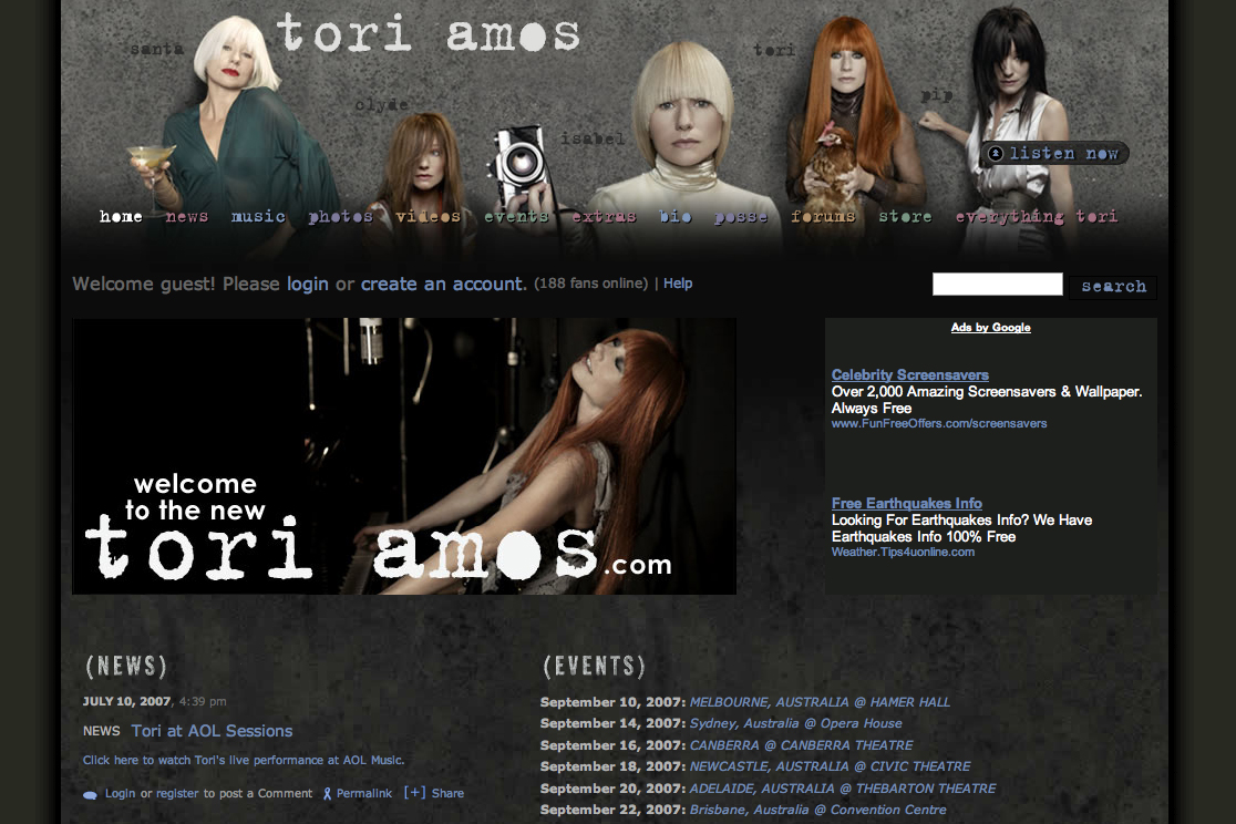 A website homepage featuring Tori Amos with multiple portraits, a welcome message, and navigation links for news, music, and events.
