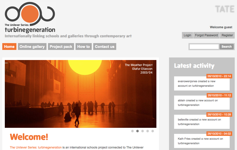 A webpage for Turbinegeneration at Tate displays an art project with a large glowing sun installation and silhouetted visitors.
