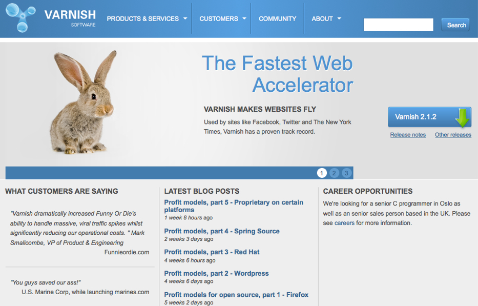 A webpage for Varnish Software promoting its web acceleration services, featuring a rabbit image and a download button.