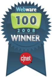 Award badge for Webware 100 Winner 2008, presented by CNET.