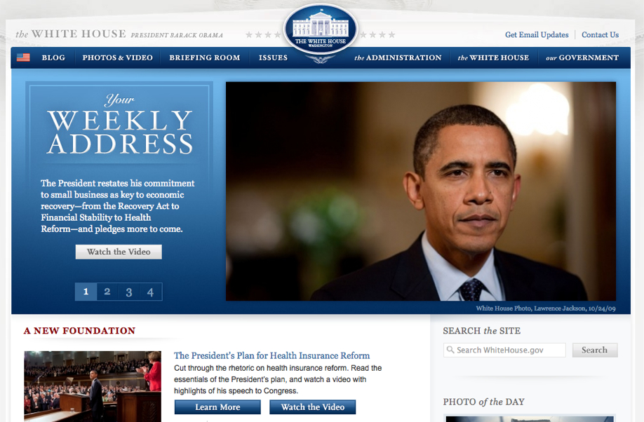 Screenshot of the White House website featuring a weekly address by the President and information on health insurance reform.