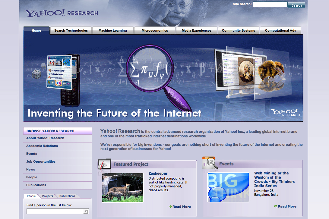 Yahoo! Research webpage with a banner stating "Inventing the Future of the Internet", featuring technology-related images and navigation links.