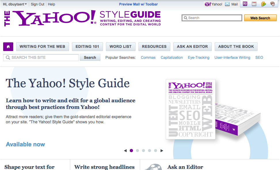 Screenshot of the Yahoo! Style Guide webpage, featuring a book cover and text about writing and editing best practices.