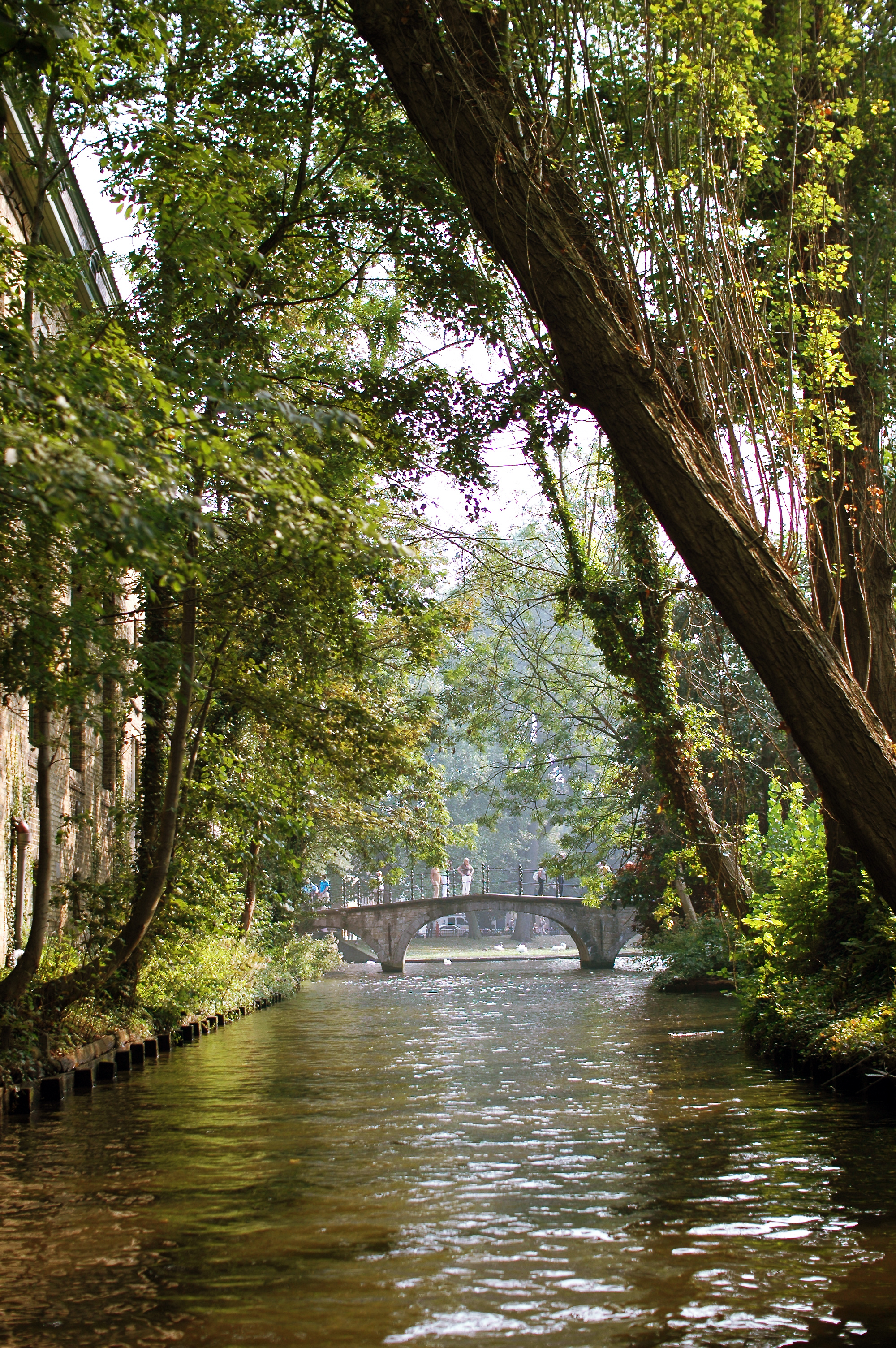 A canal in Bruges with a stone bridge, surrounded by green trees, and people walking across.