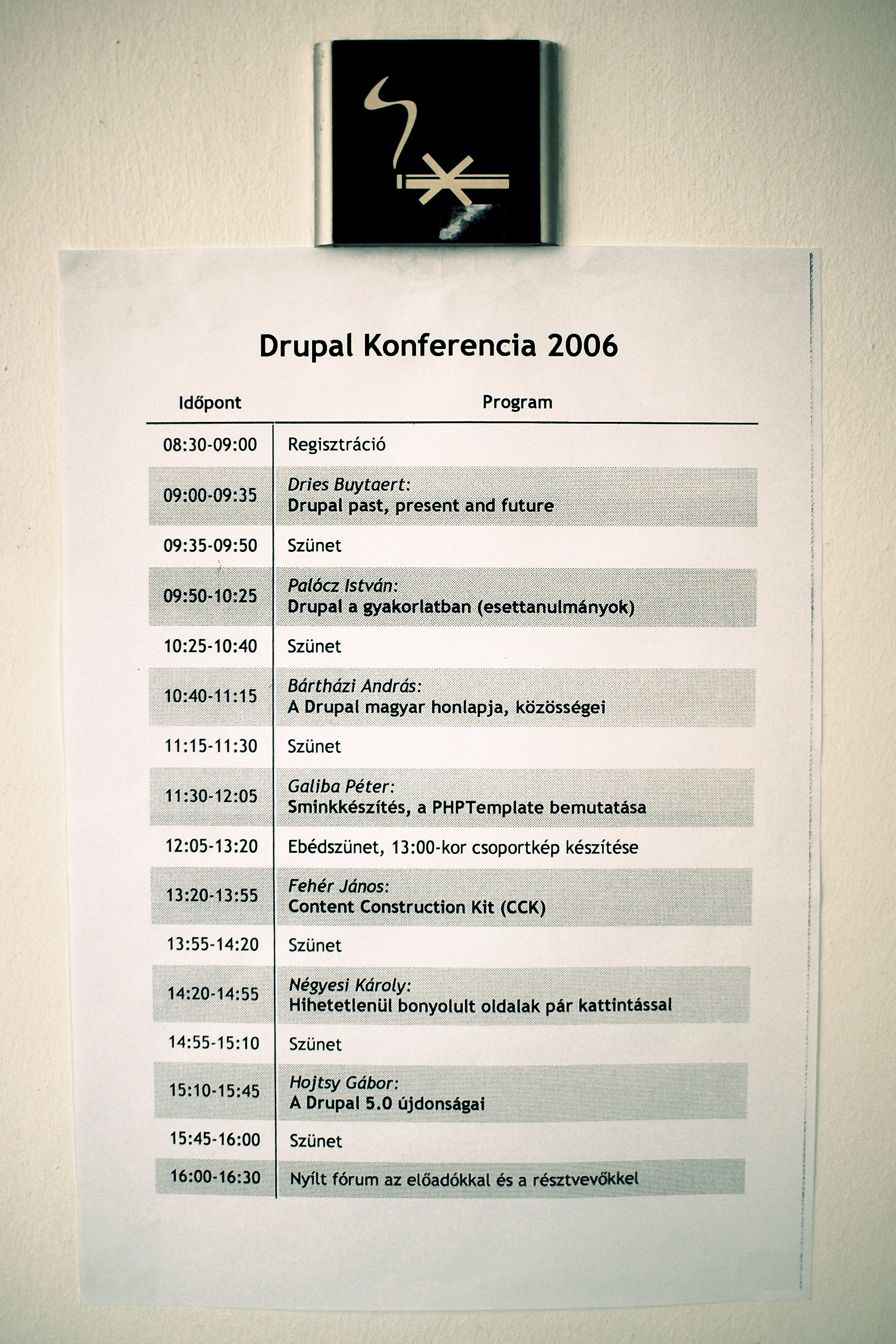 A printed schedule for Drupal Konferencia 2006, listing session times, speakers, and topics in Hungarian.