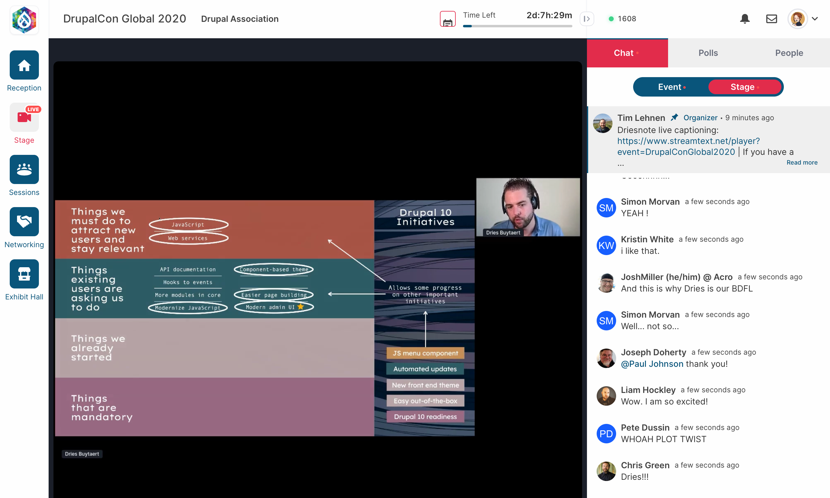 The online conference web application showing my slides, my webcam, and real-time chat.