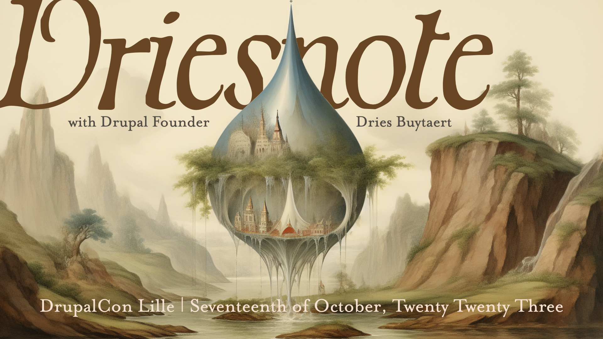 Opening slide of my keynote presentation. The slide reads "Driesnote, DrupalCon Lille, October 17th 2023".