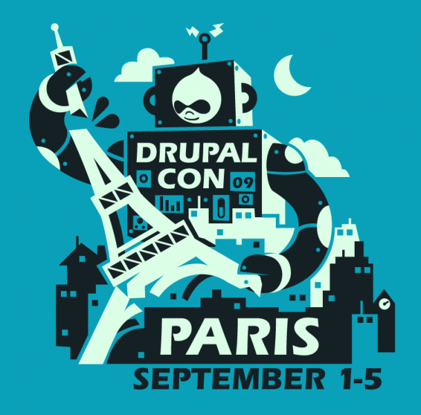 Illustration of a robot with the Drupal logo holding the Eiffel Tower, promoting DrupalCon Paris 2009, September 1-5.