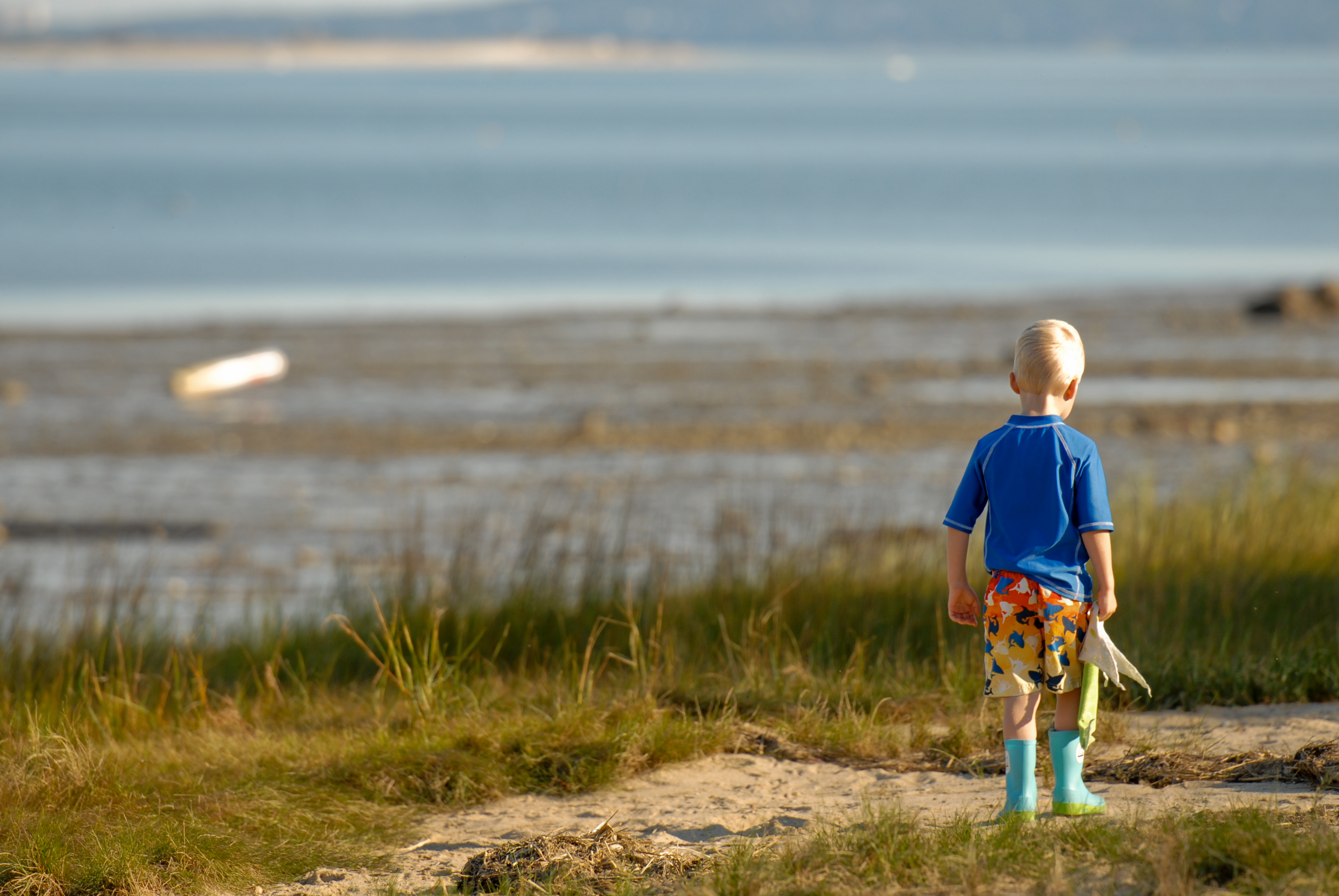 A young child in a blue shirt and boots stands on a sandy path, looking out at the water.