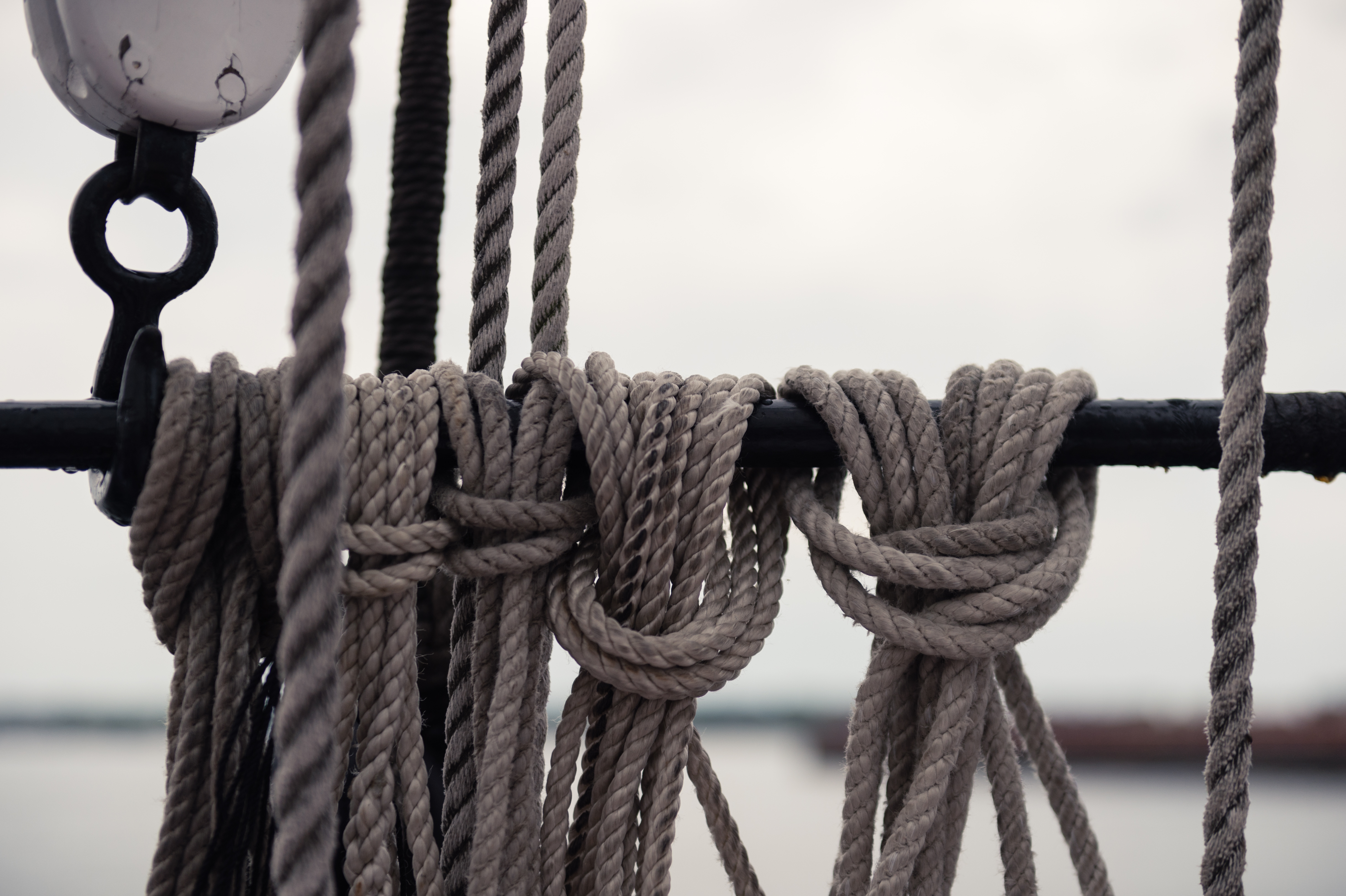 Close-up of neatly coiled sailing ropes secured to a metal bar on a boat, with water in the background.