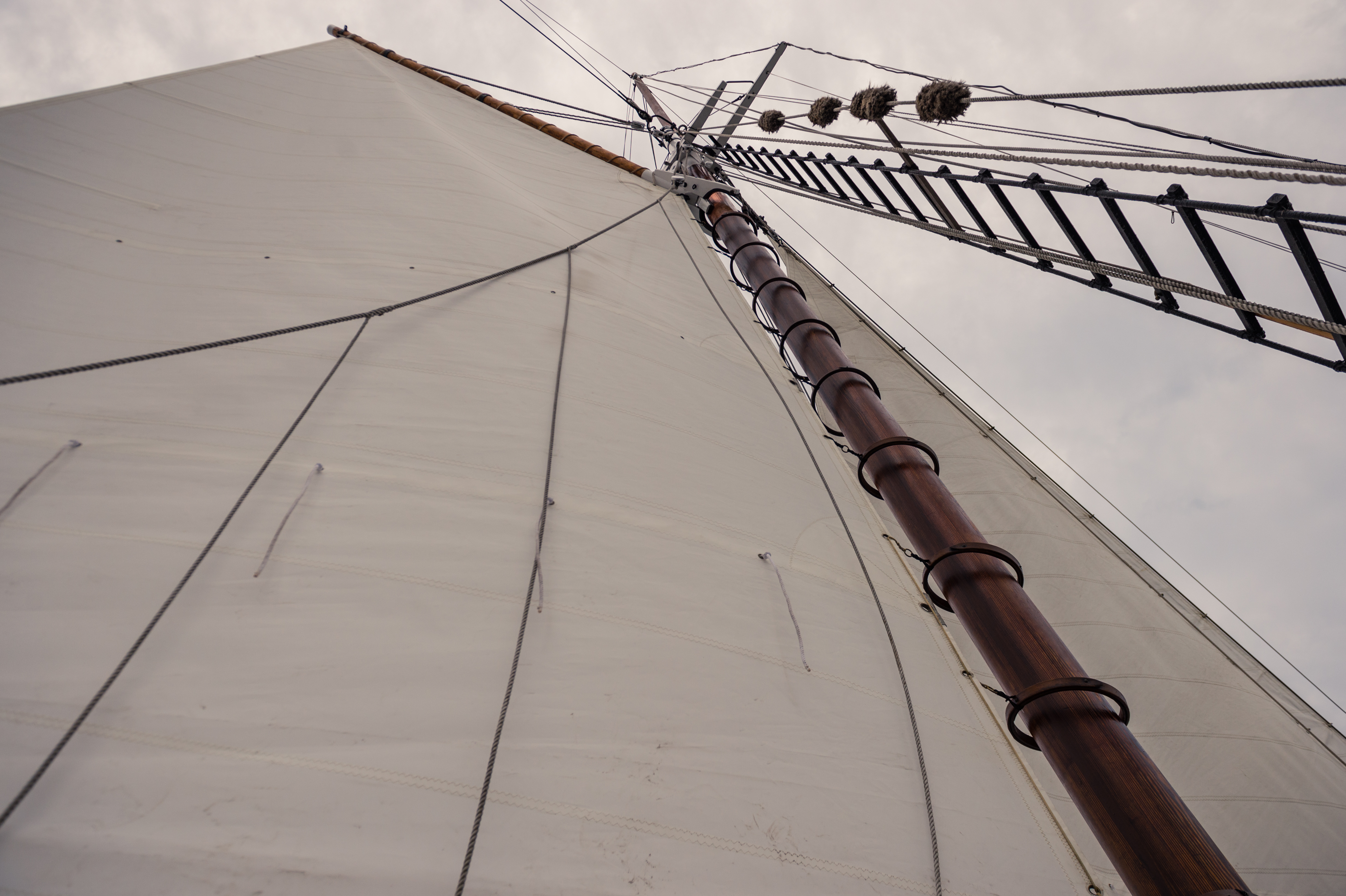 Looking up at a sailboat mast with sails fully extended and rigging lines against a cloudy sky.
