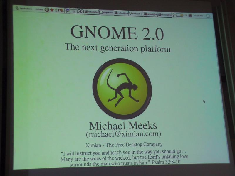 A presentation slide displays "GNOME 2.