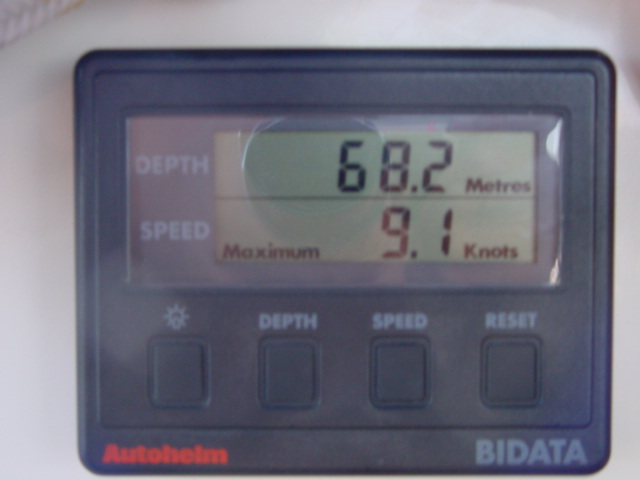 A digital boat instrument displays depth at 68.