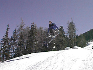 A skier in mid-air after a jump on a snowy slope, with trees in the background.