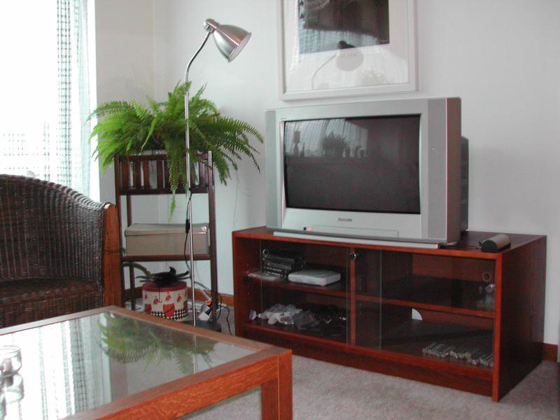 A living room with a television on a wooden stand, a glass coffee table, and a wicker chair.