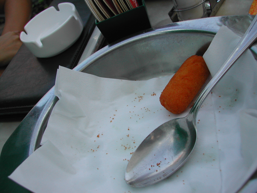 A single fried snack on a metal plate with a spoon and napkin, with crumbs scattered around.