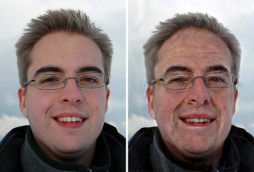 Side-by-side photos of a young man and an aged version of him generated by face transformation software.