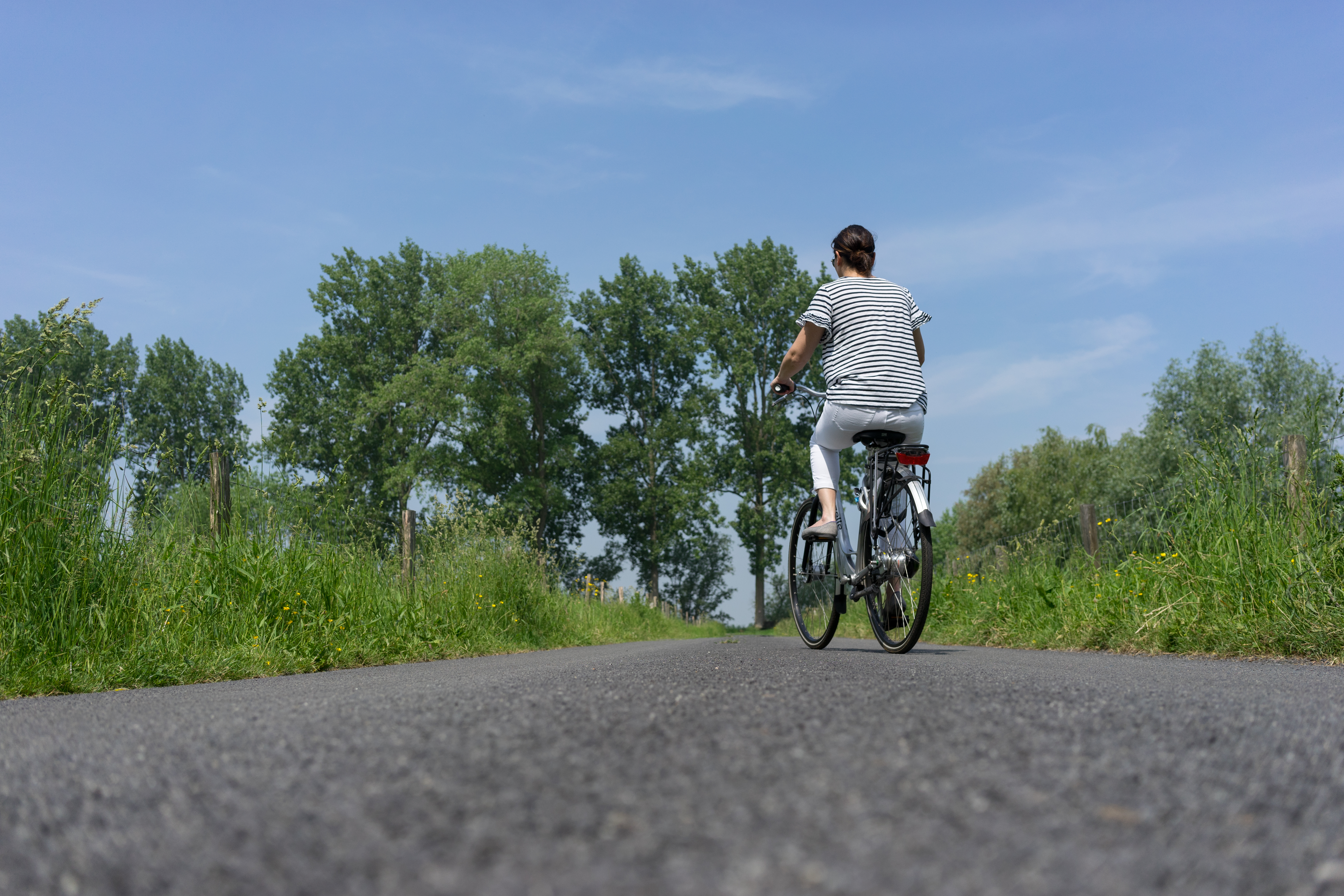 A person wearing a striped shirt and white pants rides a bicycle on a rural paved road surrounded by greenery.