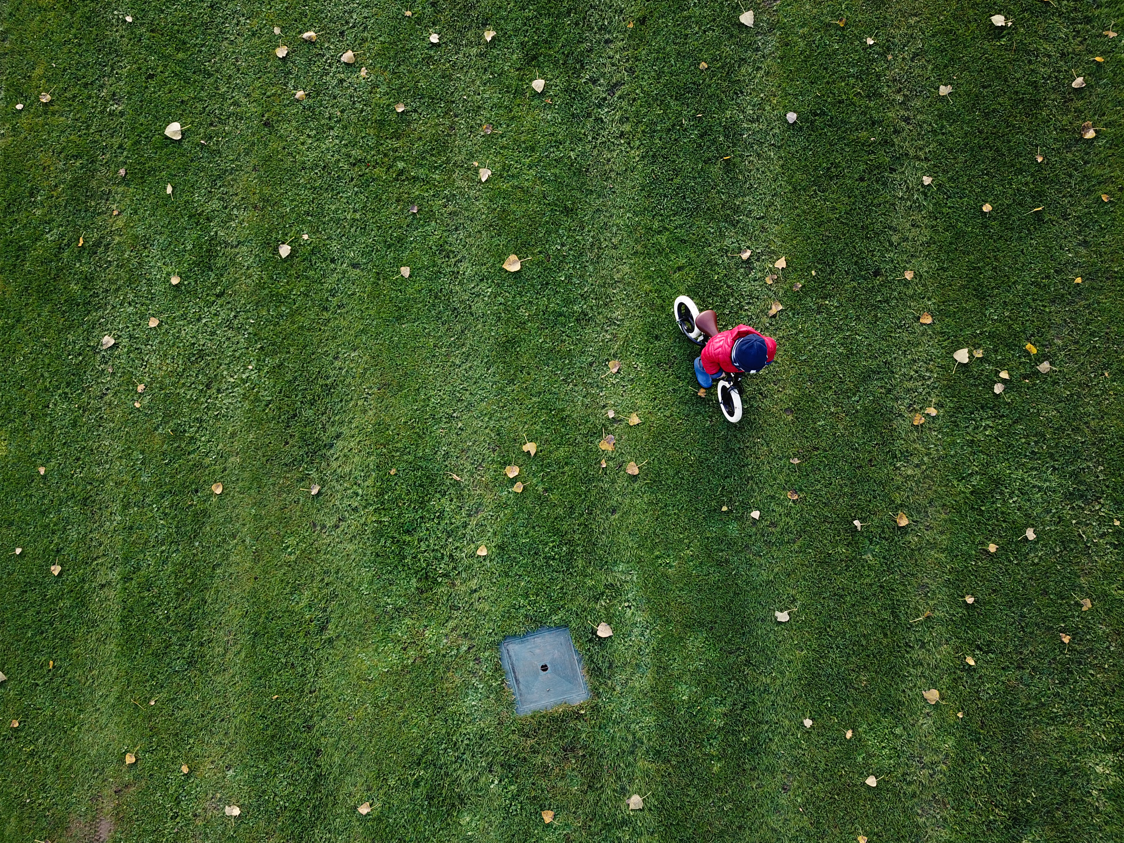 A child wearing a red jacket and blue hat rides a small bike on a grassy field.