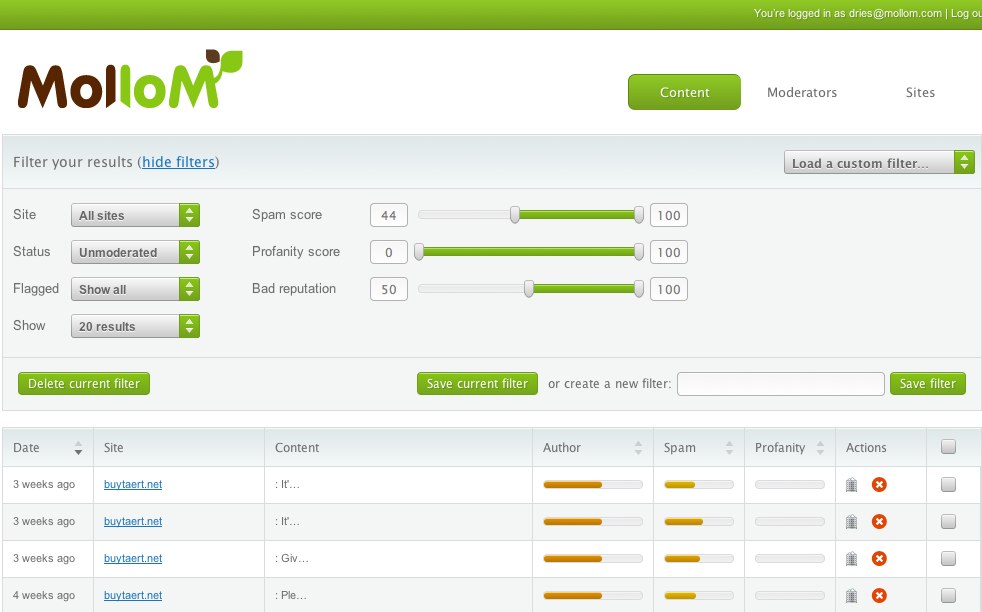 A moderation interface for filtering user content based on spam, profanity, and reputation scores, with adjustable settings.