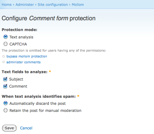 Settings page for configuring comment protection using text analysis or CAPTCHA to filter spam and choose automatic or manual moderation.