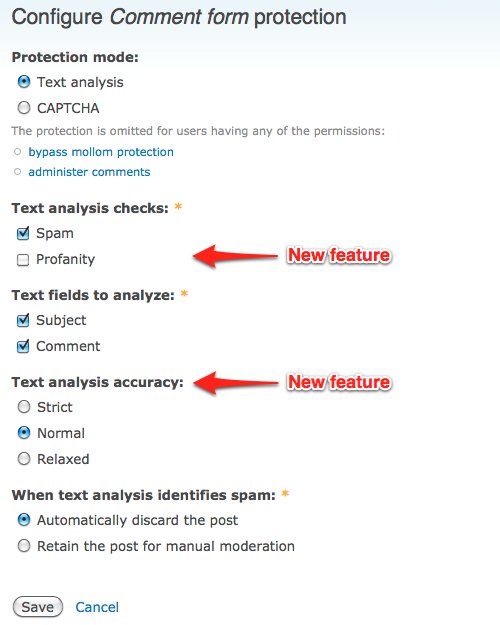 A configuration page for comment form protection with options for spam detection, profanity filtering, and text analysis accuracy settings.