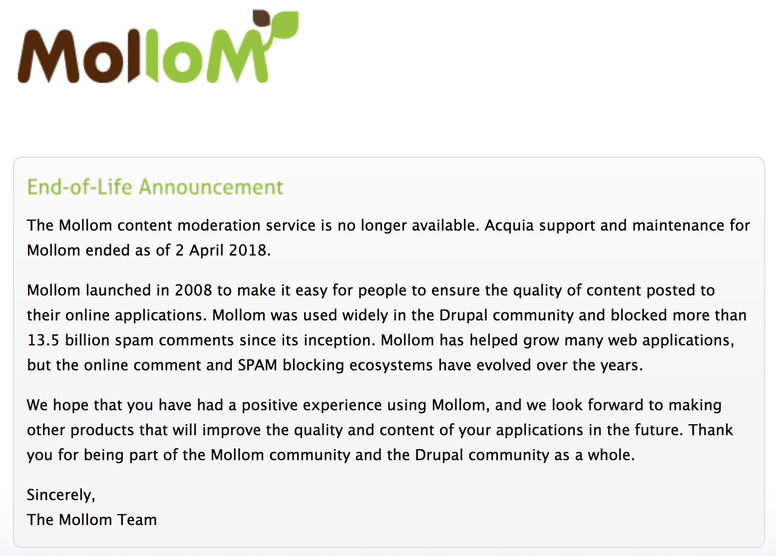 Mollom end of life announcement