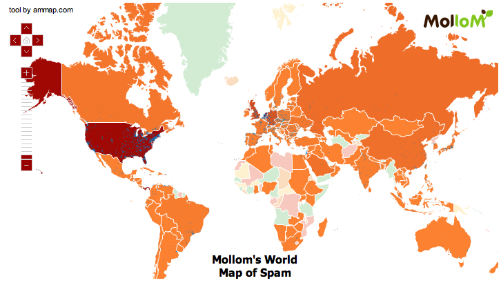 A world map showing spam activity, with darker colors representing higher spam levels in different regions.