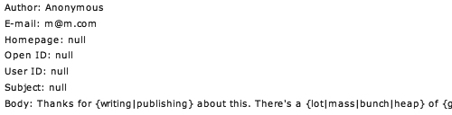 A spam message with placeholder text and variable word choices, likely generated by an automated script.