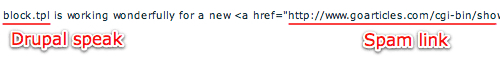 Code snippet highlighting "Drupal speak" and a "Spam link", demonstrating content reuse in spam techniques.
