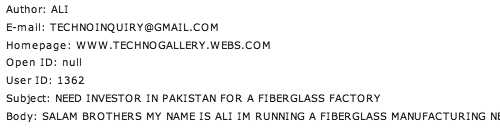 Email screenshot requesting investment in a fiberglass factory, with capitalized text emphasizing urgency.