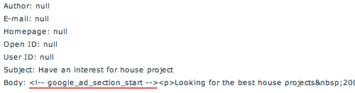 Highlighted spam technique using "google_ad_section_start" in a message promoting house projects.