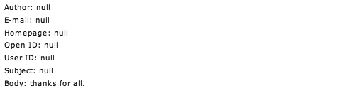A text-based message with empty fields and a short body saying, "thanks for all.