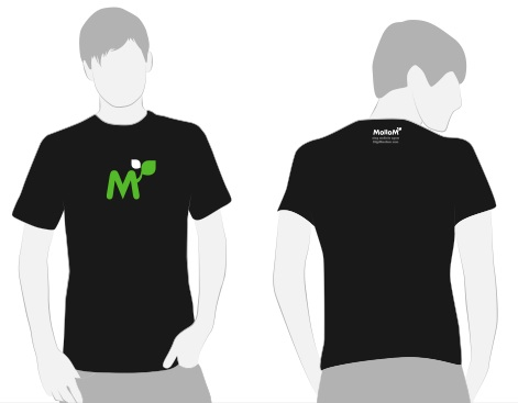 Black T-shirt with a green "M" logo on the front and "Mollom" text on the upper back.