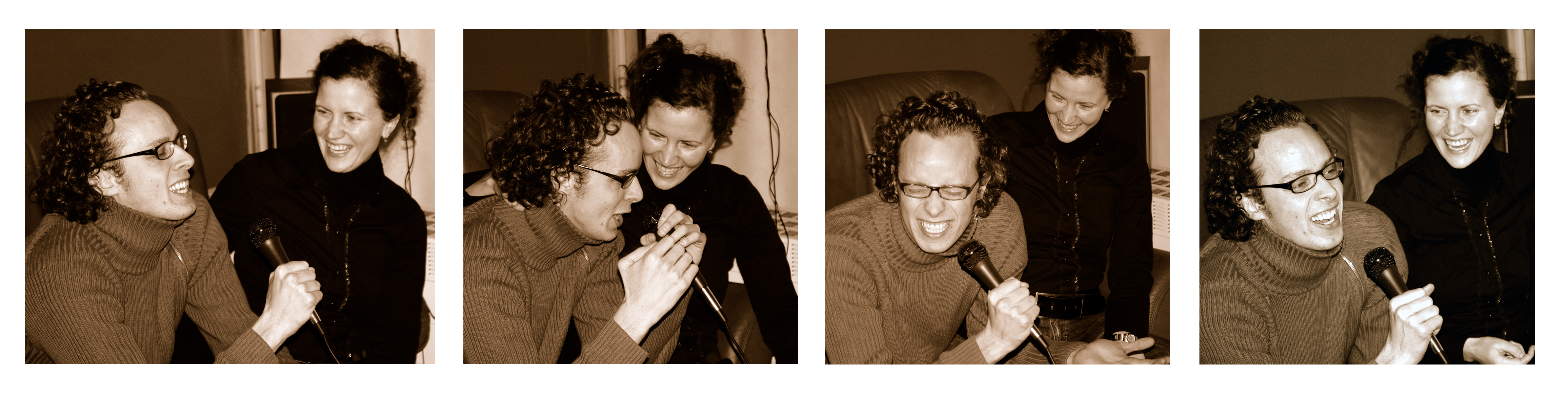 Two people singing karaoke together, laughing and enjoying the moment while holding microphones.